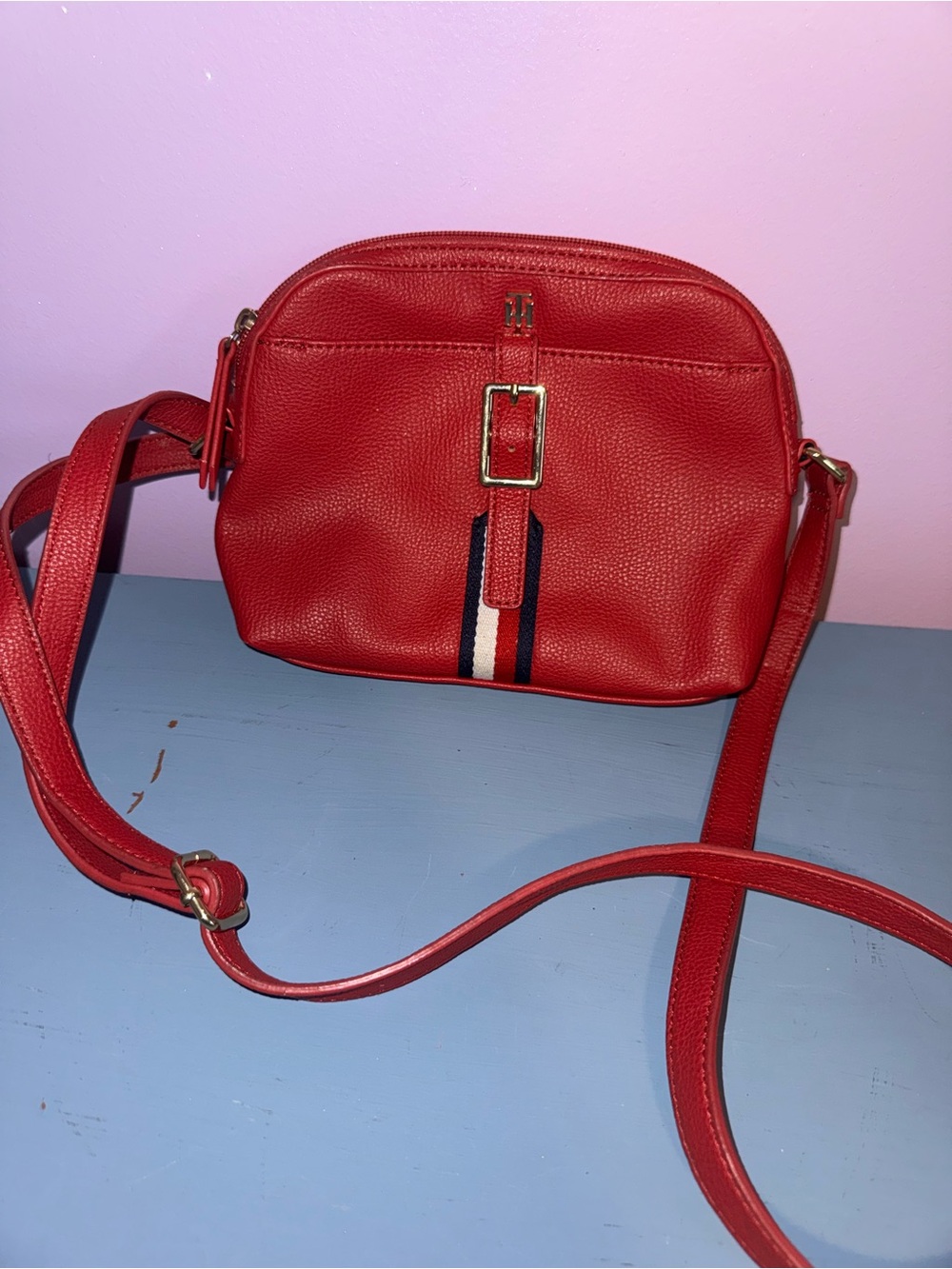 Tommy Hilfiger Red Pebbled Crossbody with Signature Stripe